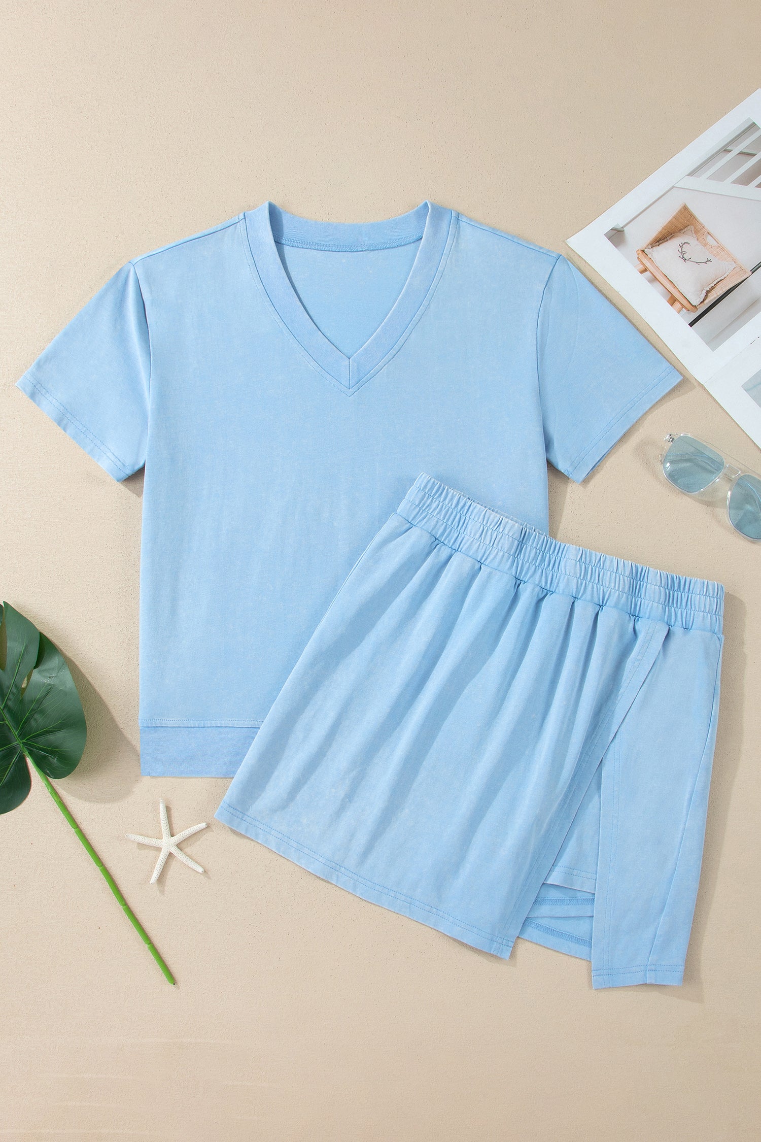 Beau Blue Mineral Wash V Neck Tee Matching Skort Set
