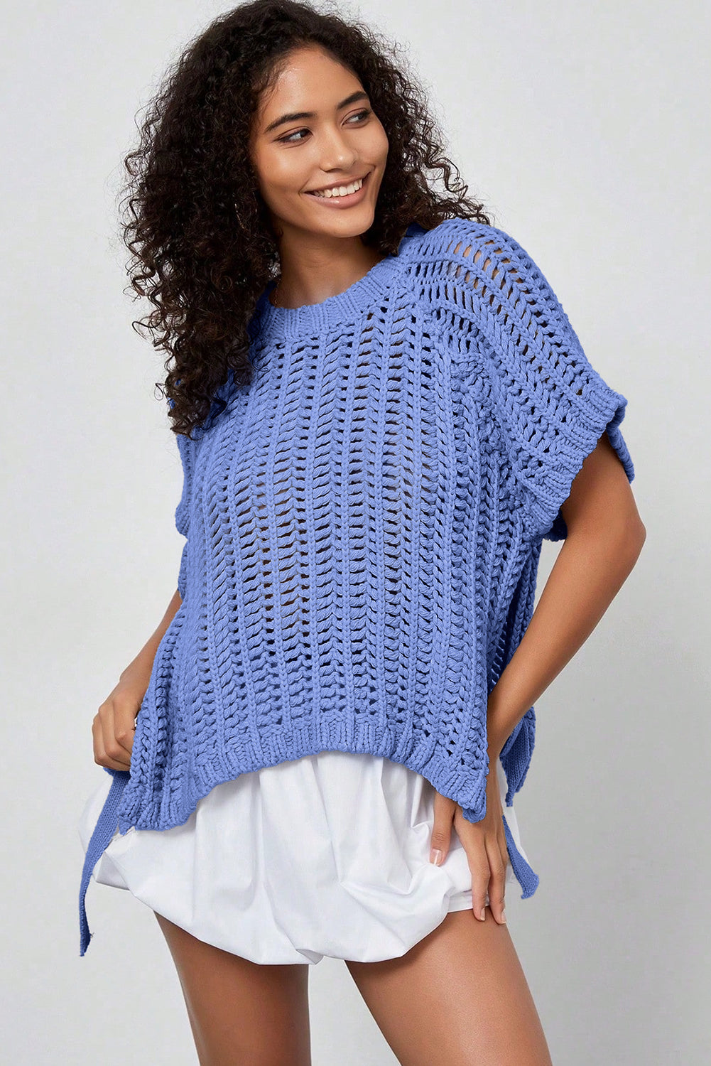 Ashleigh Blue Plus Size Open Knit Bow Tie Short Sleeve Sweater