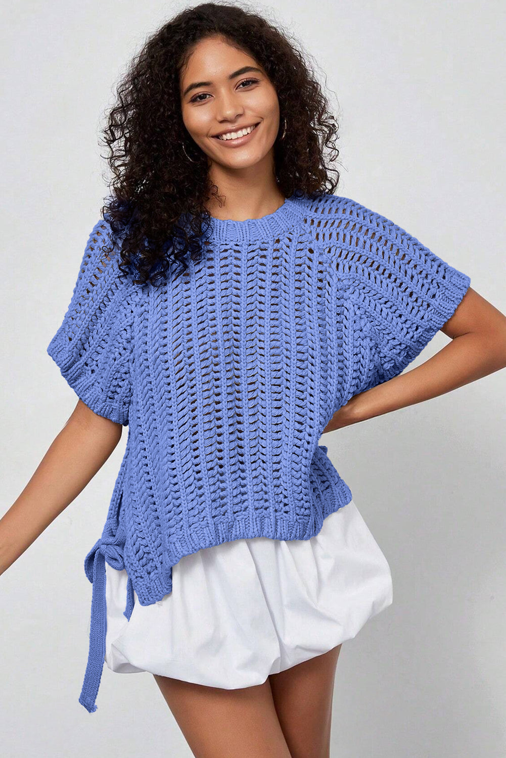Ashleigh Blue Plus Size Open Knit Bow Tie Short Sleeve Sweater