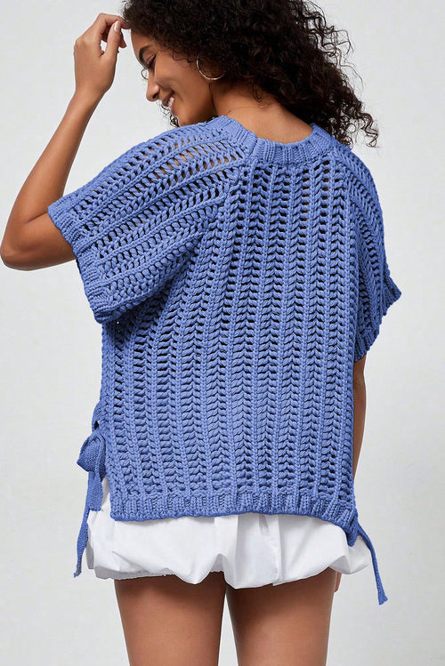 Ashleigh Blue Plus Size Open Knit Bow Tie Short Sleeve Sweater